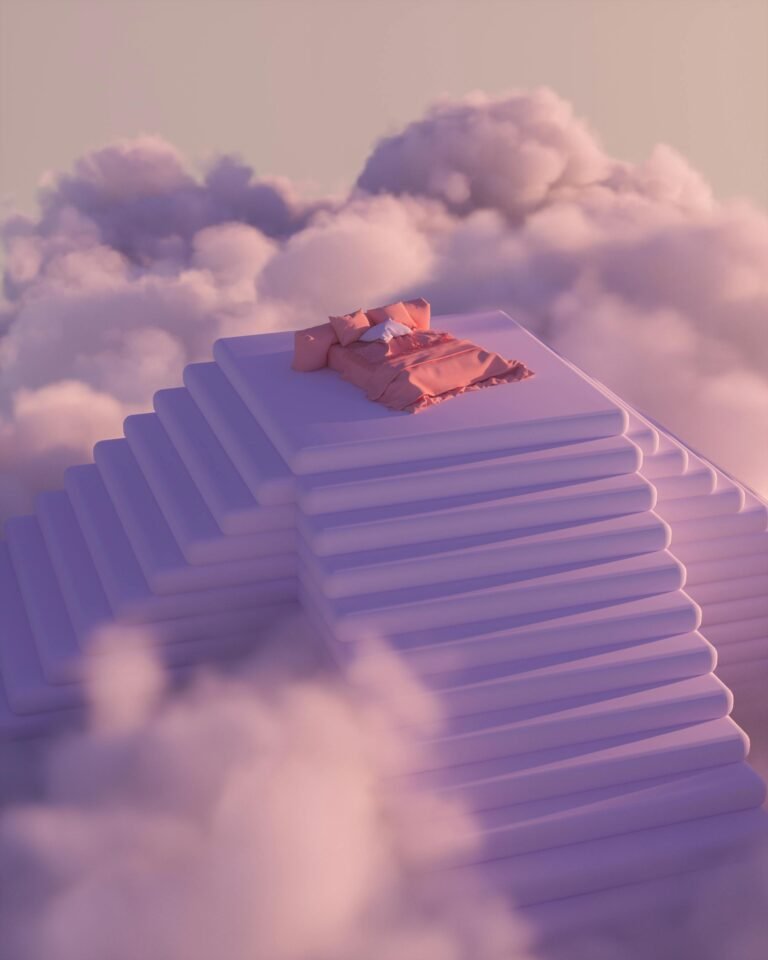 A dreamlike scene with a bed atop stairs surrounded by pink clouds, evokes serenity.